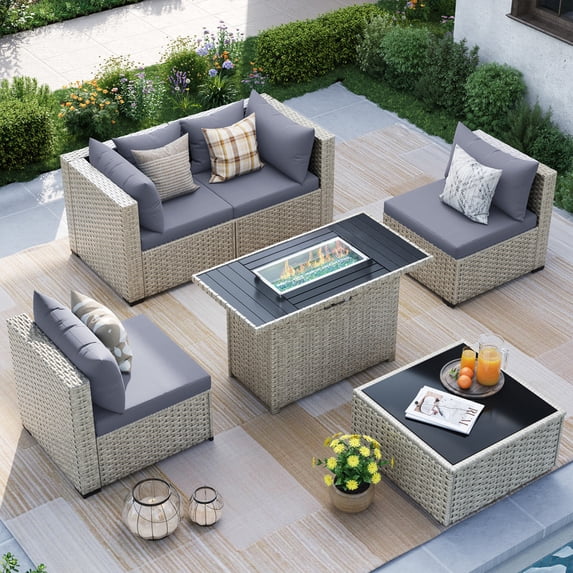 Amopatio 6 Pieces Patio Conversation Set With Firepit, Outdoor Sectional PE Rattan Wicker Furniture Seat,GRAY