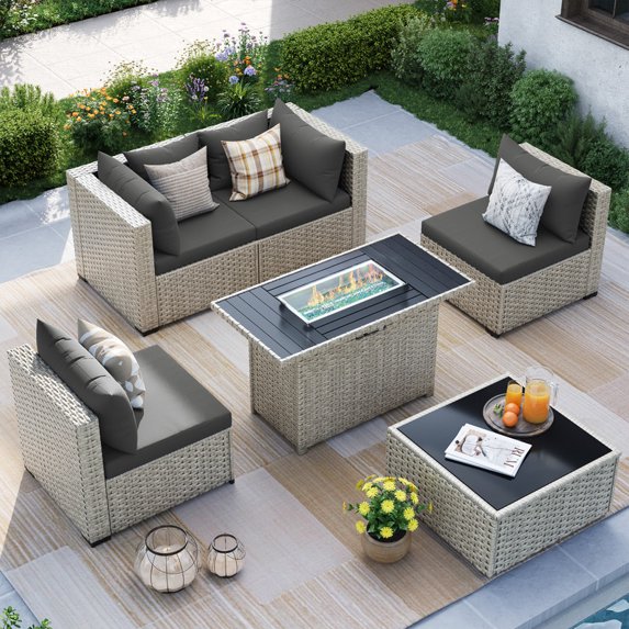 Amopatio 6 Pieces Patio Conversation Set With Firepit, Outdoor Sectional PE Rattan Wicker Furniture Seat,GRAY