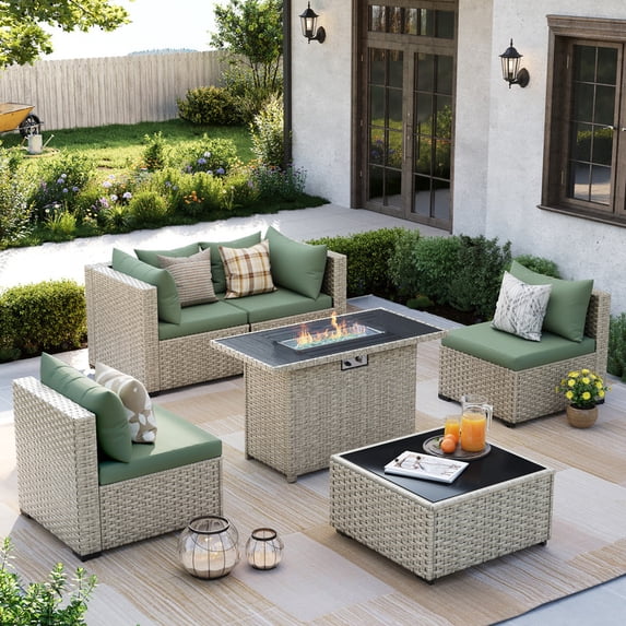 Amopatio 6 Pieces Patio Conversation Set With Firepit, Outdoor Sectional PE Rattan Wicker Furniture Seat,GREEN