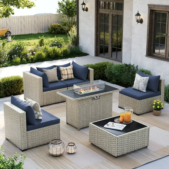 Amopatio 6 Pieces Patio Conversation Set With Firepit, Outdoor Sectional PE Rattan Wicker Furniture Seat,NAVY