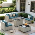thumbnail image 1 of Amopatio 6 Pieces Patio Conversation Set With Firepit, Outdoor Sectional PE Rattan Wicker Furniture Seat,Peacock Blue, 1 of 11