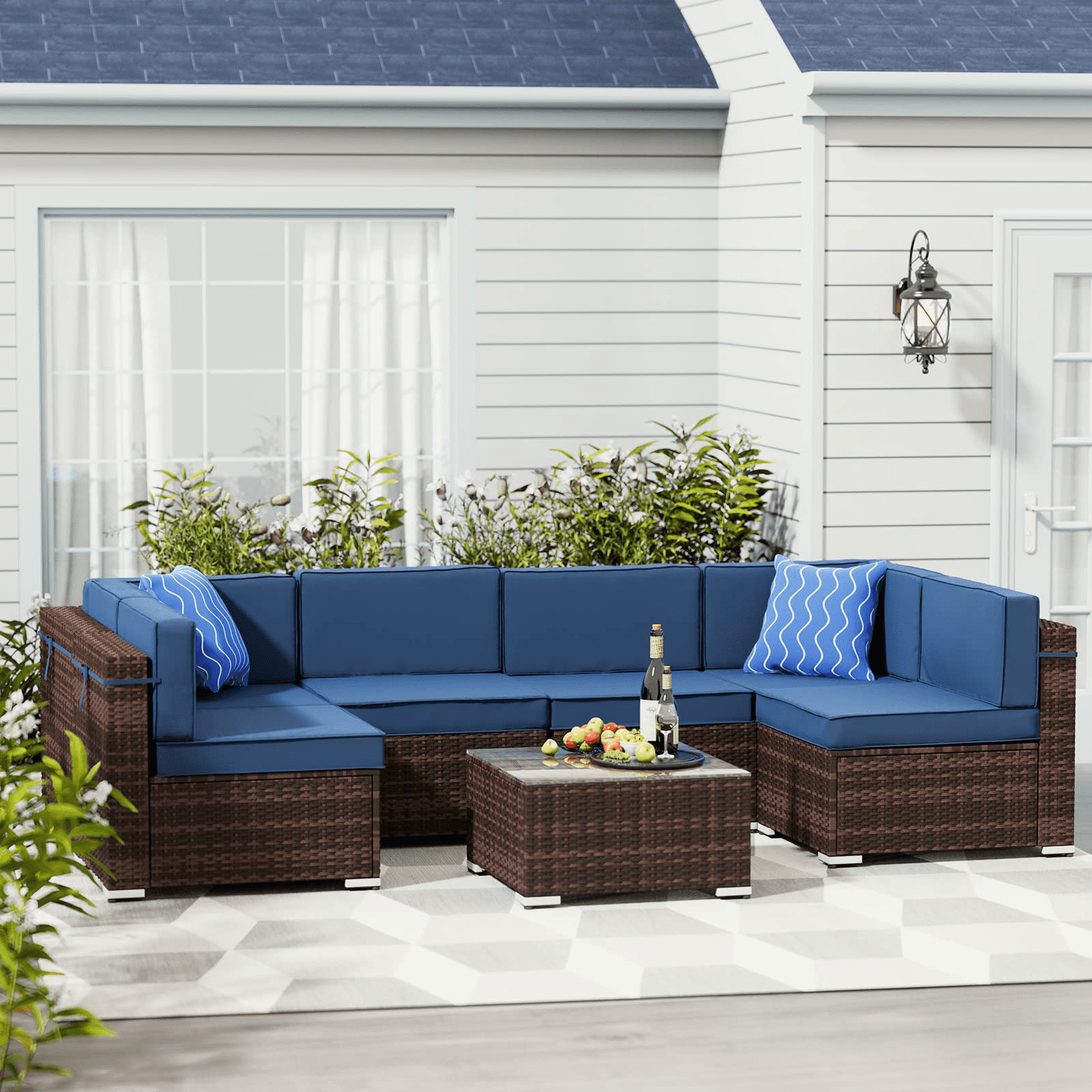 Amopatio 7 Pieces Patio Conversation Set, Outdoor Sectional PE Rattan Wicker Furniture Seat,Blue