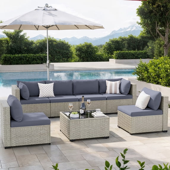 Amopatio 7 Pieces Patio Conversation Set, Outdoor Sectional PE Rattan Wicker Furniture Seat,GRAY