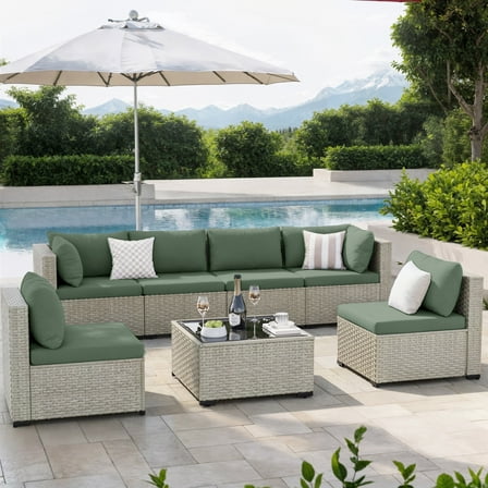 Amopatio 7 Pieces Patio Conversation Set, Outdoor Sectional PE Rattan Wicker Furniture Seat,GREEN