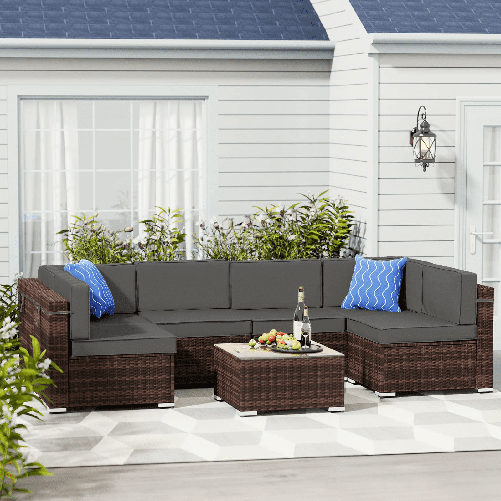 Amopatio 7 Pieces Patio Conversation Set, Outdoor Sectional PE Rattan Wicker Furniture Seat,Grey