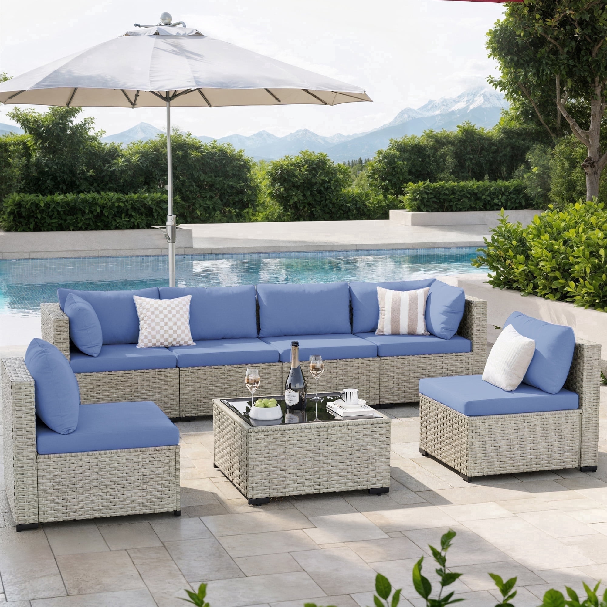 Amopatio 7 Pieces Patio Conversation Set, Outdoor Sectional PE Rattan Wicker Furniture Seat,Haze Blue
