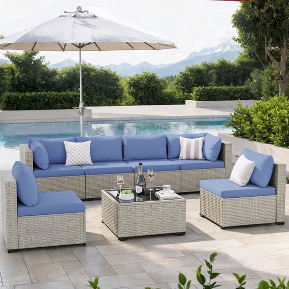 Amopatio 7 Pieces Patio Conversation Set, Outdoor Sectional PE Rattan Wicker Furniture Seat,Haze Blue
