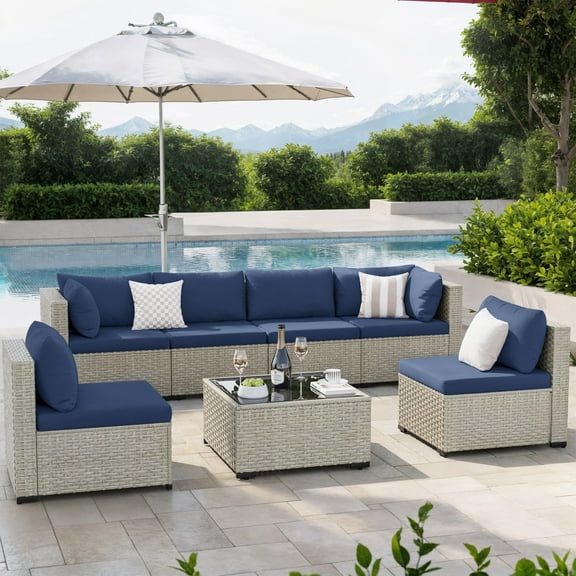 Amopatio 7 Pieces Patio Conversation Set, Outdoor Sectional PE Rattan Wicker Furniture Seat,NAVY