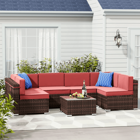 Amopatio 7 Pieces Patio Conversation Set, Outdoor Sectional PE Rattan Wicker Furniture Seat,Red