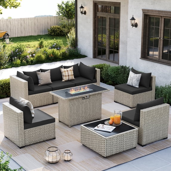 Amopatio 8 Pieces Patio Conversation Set With Firepit, Outdoor Sectional PE Rattan Wicker Furniture Seat,BLACK