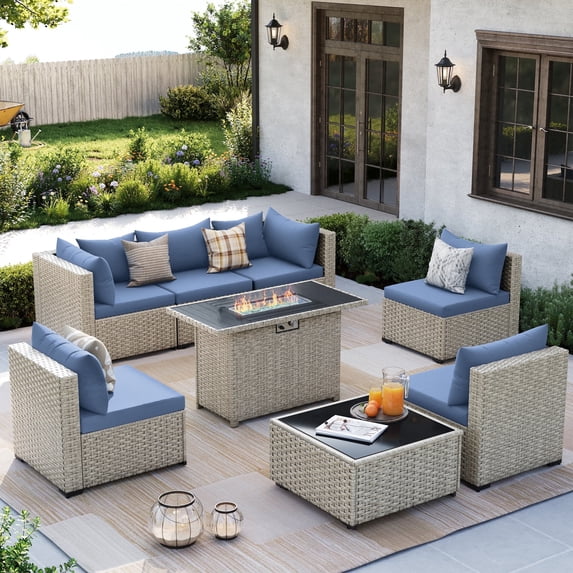 Amopatio 8 Pieces Patio Conversation Set With Firepit, Outdoor Sectional PE Rattan Wicker Furniture Seat,Haze Blue