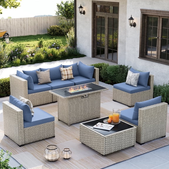 Amopatio 8 Pieces Patio Conversation Set With Firepit, Outdoor Sectional PE Rattan Wicker Furniture Seat,Haze Blue