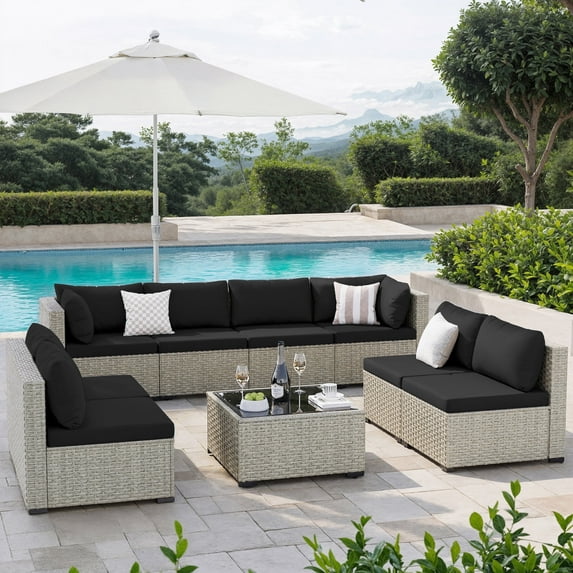 Amopatio 9 Pieces Patio Conversation Set, Outdoor Sectional PE Rattan Wicker Furniture Seat,BLACK