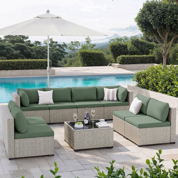 Amopatio 9 Pieces Patio Conversation Set, Outdoor Sectional PE Rattan Wicker Furniture Seat,GREEN