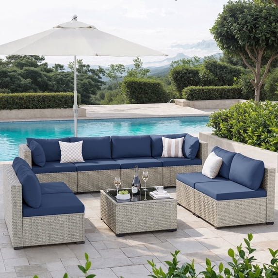 Amopatio 9 Pieces Patio Conversation Set, Outdoor Sectional PE Rattan Wicker Furniture Seat,NAVY