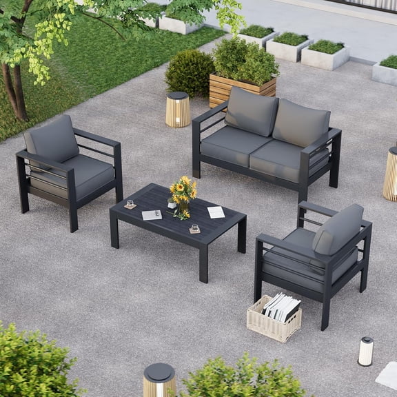 Amopatio Aluminum Patio Furniture, 5 Pieces Metal Outdoor Furniture Set, Outdoor Sectional Modern Sofa Sets with Coffee Table for Pool, Garden, Grey (Included Waterproof Covers)