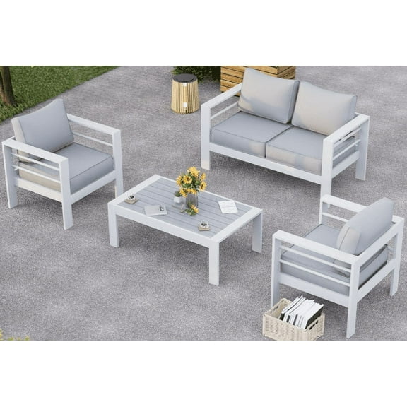 Amopatio Aluminum Patio Furniture, 5 Pieces Metal Outdoor Furniture Set, Outdoor Sectional Modern Sofa Sets with Coffee Table for Pool, Garden, White (Included Waterproof Covers)