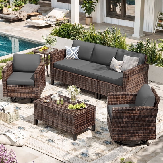 Ampatio 7 Pieces Patio Furniture Outdoor Conversation Set Rattan Wicker Outdoor Sectional Sofa with Swivel Chairs & Coffee Table, Gray