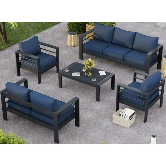 Amopatio Aluminum Patio Furniture, 8 Pieces Metal Outdoor Furniture Set, Outdoor Sectional Modern Sofa Sets with Coffee Table for Pool, Garden, White&Blue (Included Waterproof Covers)