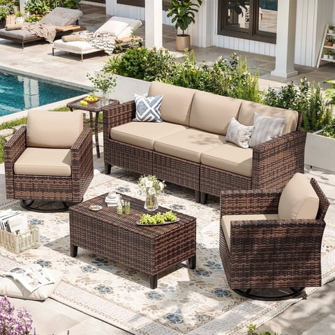 Ampatio 7 Pieces Patio Furniture Outdoor Conversation Set Rattan Wicker Outdoor Sectional Sofa with Swivel Chairs & Coffee Table, Beige