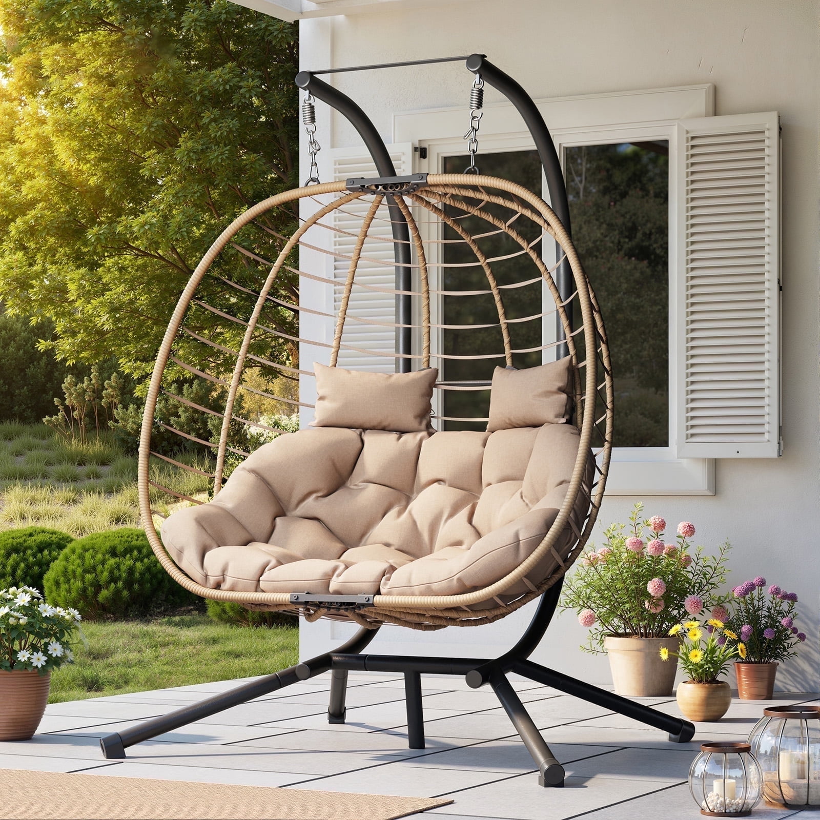 Amopatio Hanging Egg Chair with Stand Double Wicker Swing Egg Chair ...