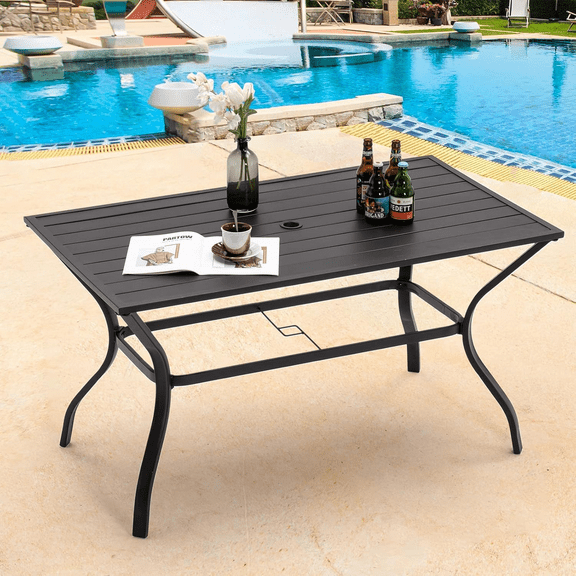 Amopatio Outdoor Dining Table for 4, Square Patio Table 31" L x 35" W x 29" H, Metal Table with 1.5" Umbrella Hole for Garden Deck Backyard Poolside, Black