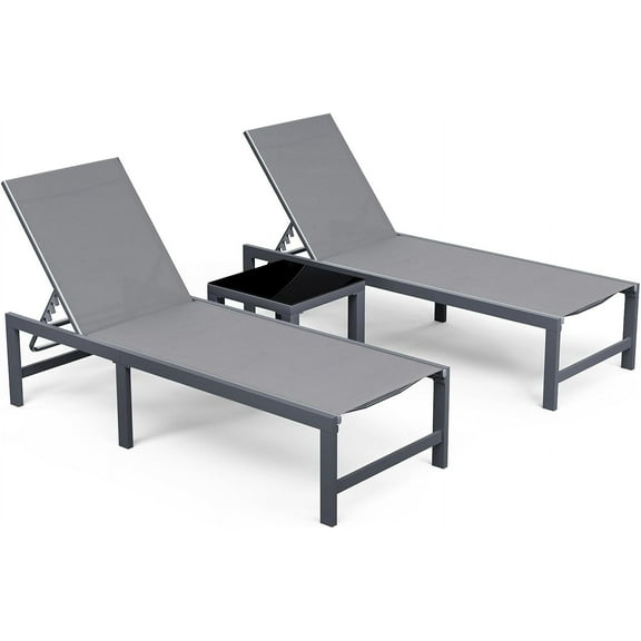 Amopatio Outdoor Lounge Chairs Set of 3, 24.4" Wider Patio Chaise Lounge with Table, Textilene Pool Chaise Lounge for Sun Tanning Lay Flat Poolside Lounger for Beach, Lawn, Grey