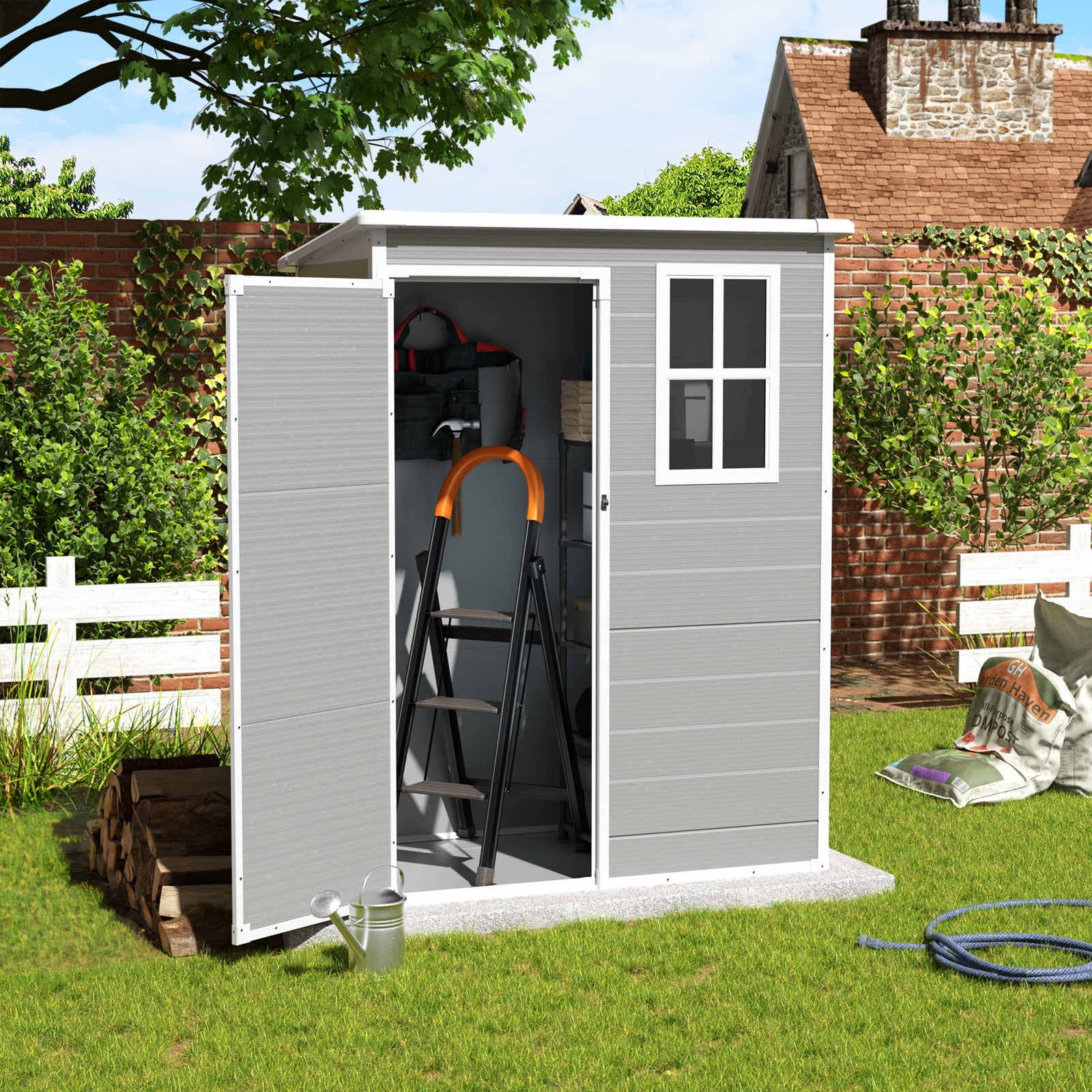 Gray and White Resin Outdoor Storage Shed with Windows