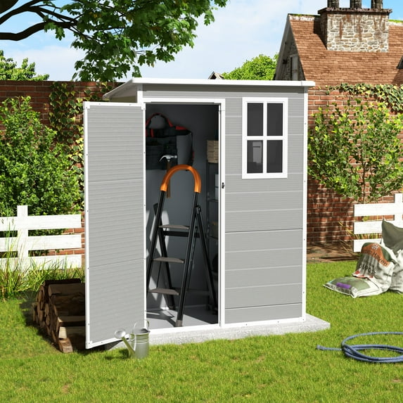 Amopatio Outdoor Storage Shed 5x3 FT, Resin Garden Shed for Bike, Garbage Can, Tool, Plastic Outside Sheds & Outdoor Storage Storage Box with Lockable Door for Backyard, Patio, Lawn, Grey & White