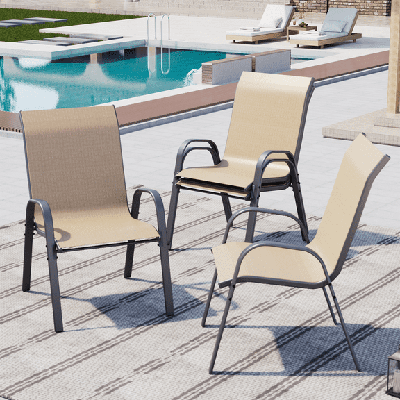 AMOPATIO Patio Chairs Set of 4, Outdoor Stackable Dining Chairs for All Weather, Breathable Garden Outdoor Furniture for Backyard Deck, Khaki