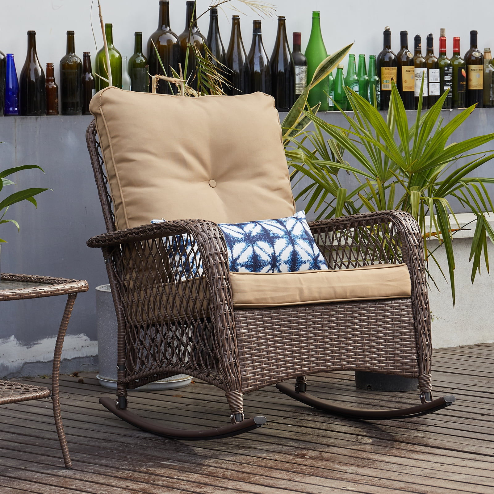 Amopatio Rattan Outdoor Rocking Chair 4 Cushions 3.2 Armrest 350lbs Capacity Walmart