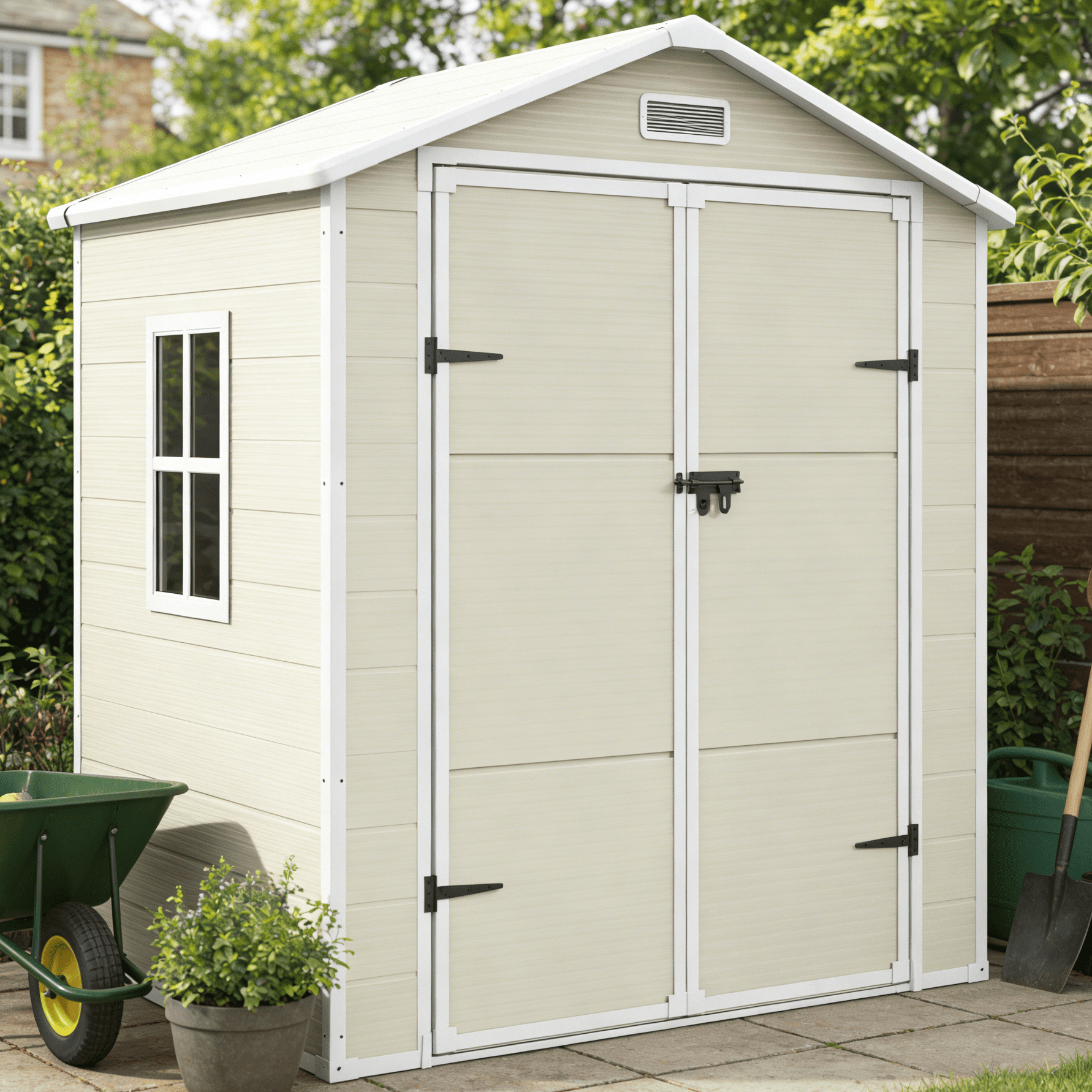 Amopatio Storage Shed 6×4.5 FT, Resin Sheds & Plastic Outdoor Storage with Floor Outdoors Garden Tool Shed Tuff Outside Patio Shed with Lockable Door for Bike,Sandstone