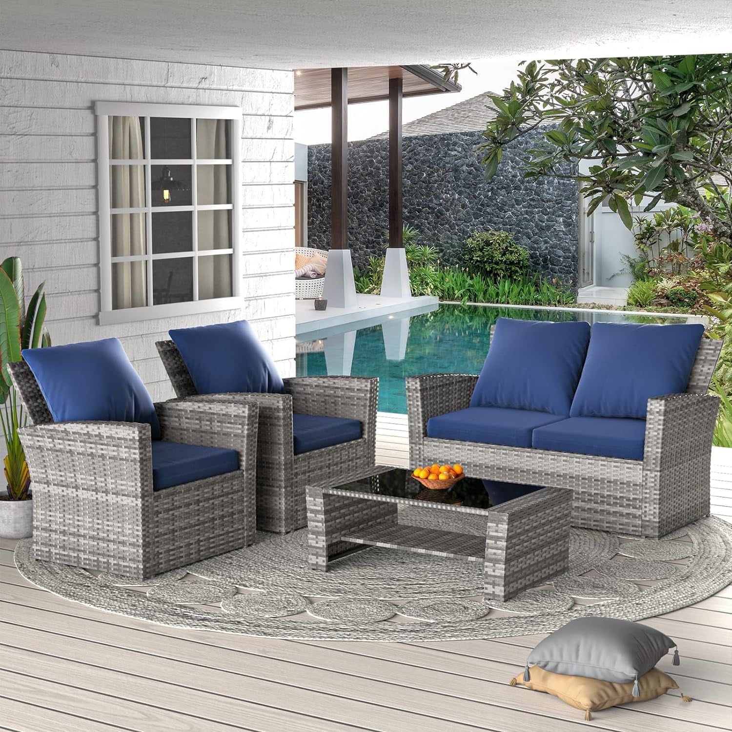 Amopatio Wicker Patio Furniture Set, 4 Piece Outdoor Sectional Conversation Sets, Gray PE Rattan Patio Sofa Set for Balcony, Porch, Backyard,Blue