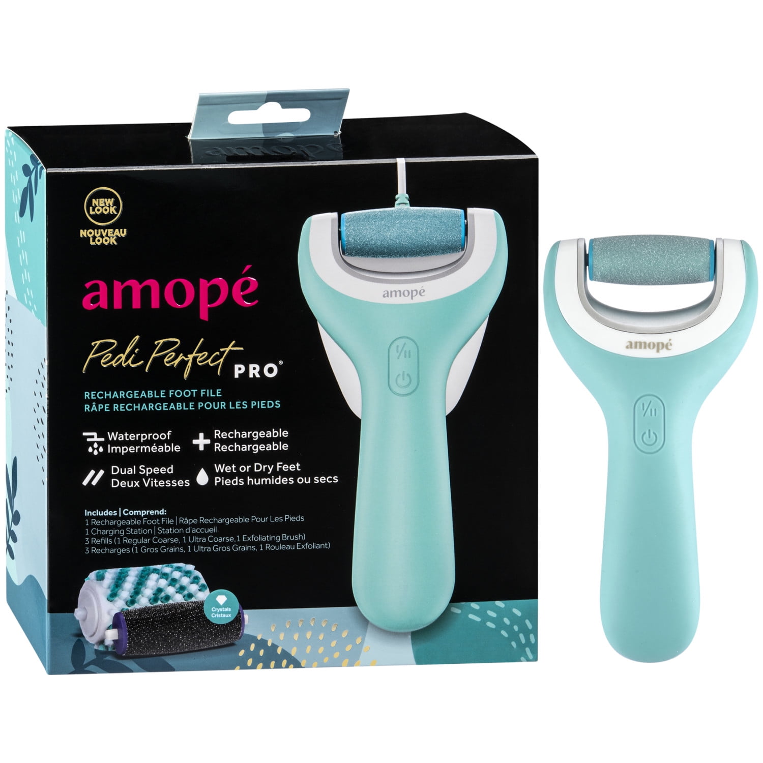 Amope Pedi Perfect Pro Rechargeable Foot File, Dual Speed with Diamond Crystals, for Hard & Dead Skin, 3 Ultra Coarse Refills