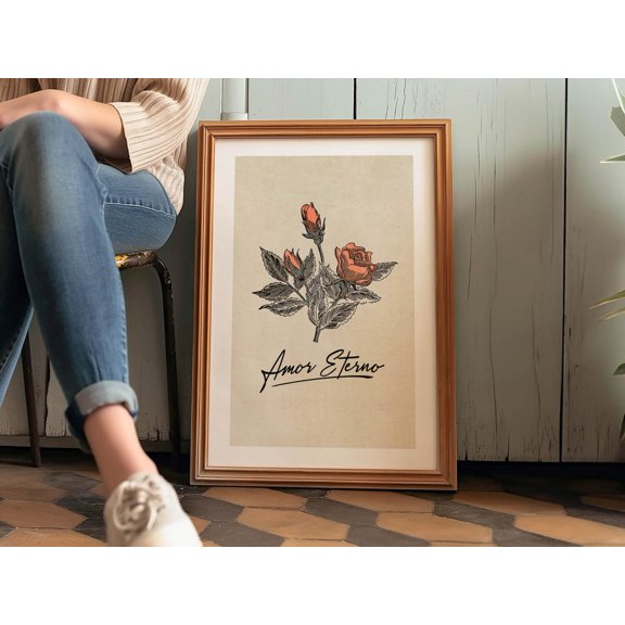 Amor Eterno Retro Valentine Rose Flower Art, Unframed Paper Poster 8x10in