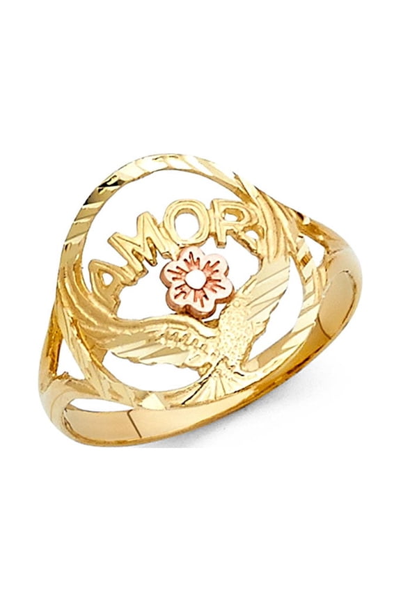 Amor Flower Ring 14k Yellow Rose Gold Love Band Diamond Cut Polished Design Two Tone 15MM, Size 9