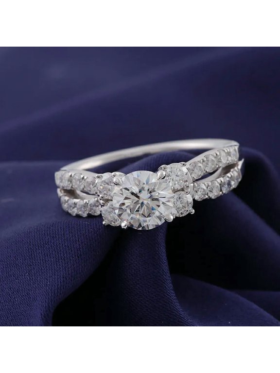 1.3 Ct Round Cut Split Shank Solitaire Lab-Created Simulated Diamond Engagement Ring 14K White Gold Plated Accent Ring for Women
