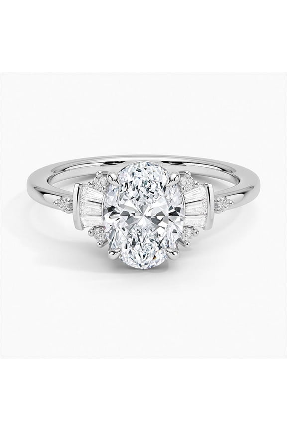 1.8 Ct Oval Cut Lab Created Diamond Wedding Solitaire with Accents Ring - 14K White Gold Plated Diamond Engagement Ring - Anniversary Gift - Solitaire With Accents Ring for Women's