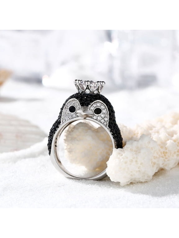 1 Ct Round Cut Lab-Created Simulated Diamond Penguin Cluster Ring 14K White Gold Plated Silver Ring for Women