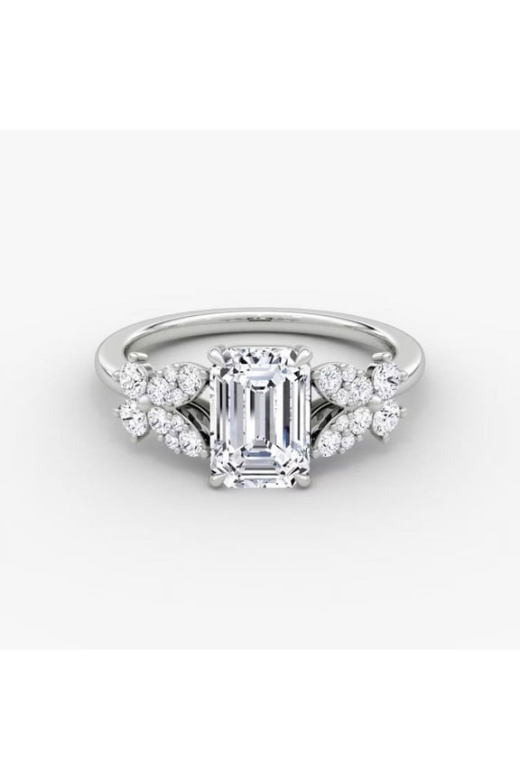 14K White Gold Plated Birthday Gift Ring - Emerald Cut 1.9 Ct VVS1/D Diamond Solitaire Ring - New Year Gifts for Her - Solitaire With Accents Ring For Women's - Diamond Jewellery Gifts