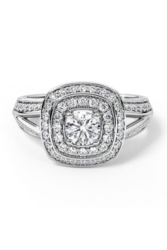 14K White Gold Plated Rings - Round Cut Brilliant 2 Ct Diamond Rings - Double Halo Split Shank Engagement Wedding Rings - Latest Engagement Diamond Ring for Her - Party Wear Diamond Rings