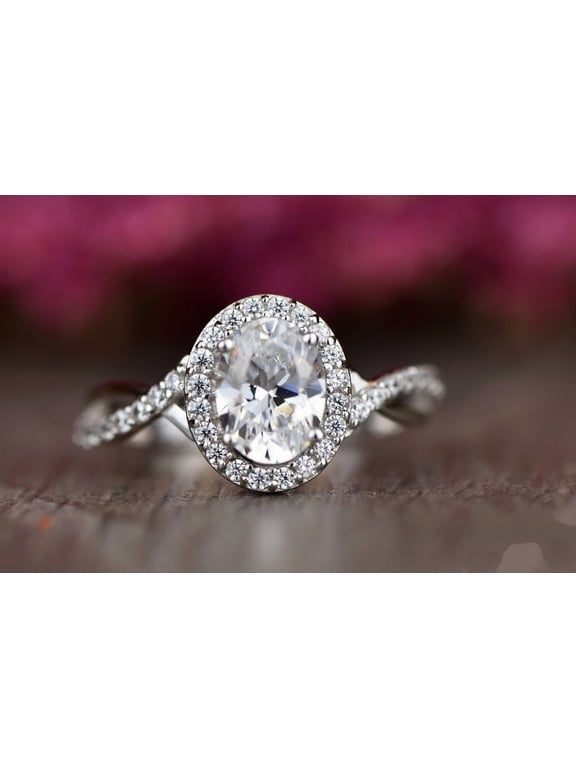 2 Ct Excellent Oval Cut Lab-Created Simulated Diamond Halo Promise Ring 14K White Gold Plated for Women
