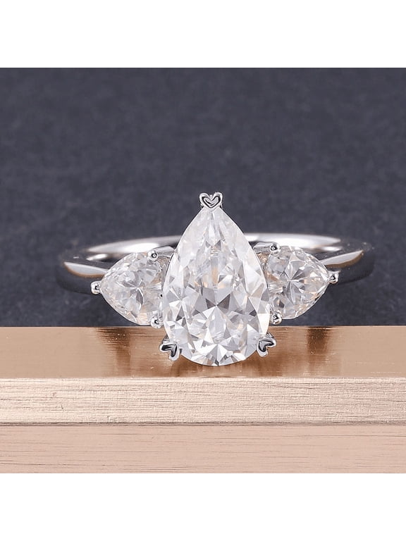 2 Ct Pear Cut Lab-Created Simulated Diamond Heart Shape Prong Set Three-Stone Engagement Wedding Ring 14K White Gold Plated