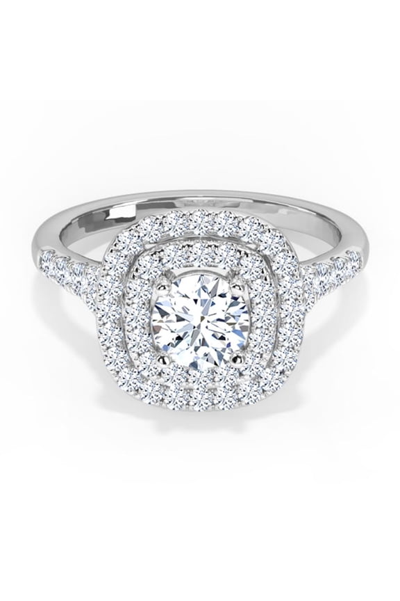 2 Ct Round Cut Lab Created Diamond Solitaire Ring for Women's - 14K White Gold Plated Wedding Anniversary Rings - Solitaire Engagement Wedding Prong Set Rings - Proposal Double Halo Rings