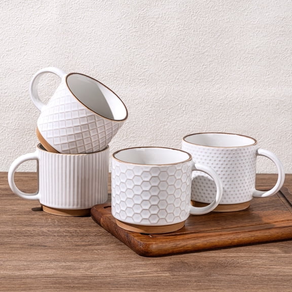 AmorArc 12OZ Stackable Ceramic Coffee Mugs with Texture Patterns, Modern Mug Set of 4 for Latte, Cappuccino and Cocoa, Dishwasher & Microwave Safe, off-white