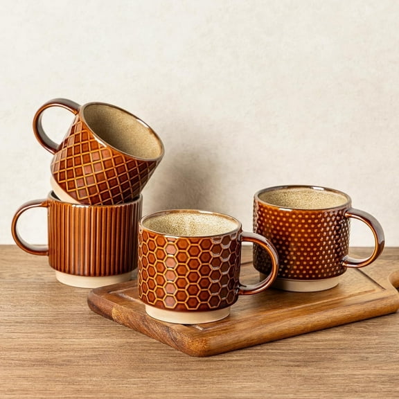 AmorArc 12OZ Stackable Coffee Mugs, Ceramic Coffee Cups with Texture Patterns for Man,Woman,Dad,Mom, Modern Coffee Mugs Set of 4 for Latte/Cappuccino/Cocoa. Dishwasher&Microwave Safe, Caramel