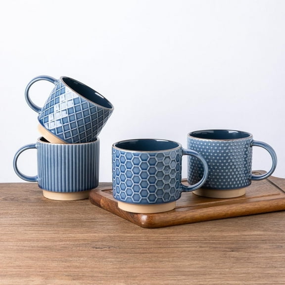 AmorArc 15OZ Stackable Coffee Mugs, Ceramic Coffee Cups with Texture Patterns for Man,Woman,Dad,Mom, Modern Coffee Mugs Set of 4 for Latte/Cappuccino/Cocoa. Dishwasher&Microwave Safe, Blue