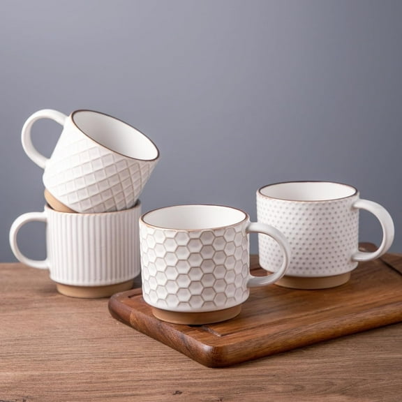 AmorArc 15OZ Stackable Coffee Mugs, Ceramic Coffee Mugs with Texture Patterns for Man,Woman,Dad,Mom, Modern Coffee Mugs Set of 4 for Latte/Cappuccino/Cocoa. Dishwasher&Microwave Safe, Off White
