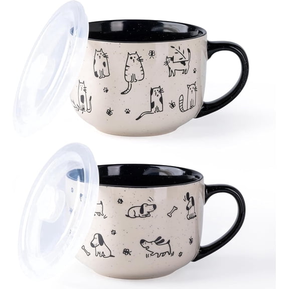 AmorArc 32 Ounces Ceramic Soup Mugs with Lids and Handle, Stoneware Bowls Cup Set of 2 for Soup, Stew, Noodle, Beautiful Mug Bowls With Lovely Dog,Cat Patterns, Microwave&Dishwasher Safe, Black