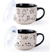 AmorArc 32 Ounces Ceramic Soup Mugs with Lids and Handle, Stoneware Bowls Cup Set of 2 for Soup, Stew, Noodle, Beautiful Mug Bowls With Lovely Dog,Cat Patterns, Microwave&Dishwasher Safe, Black